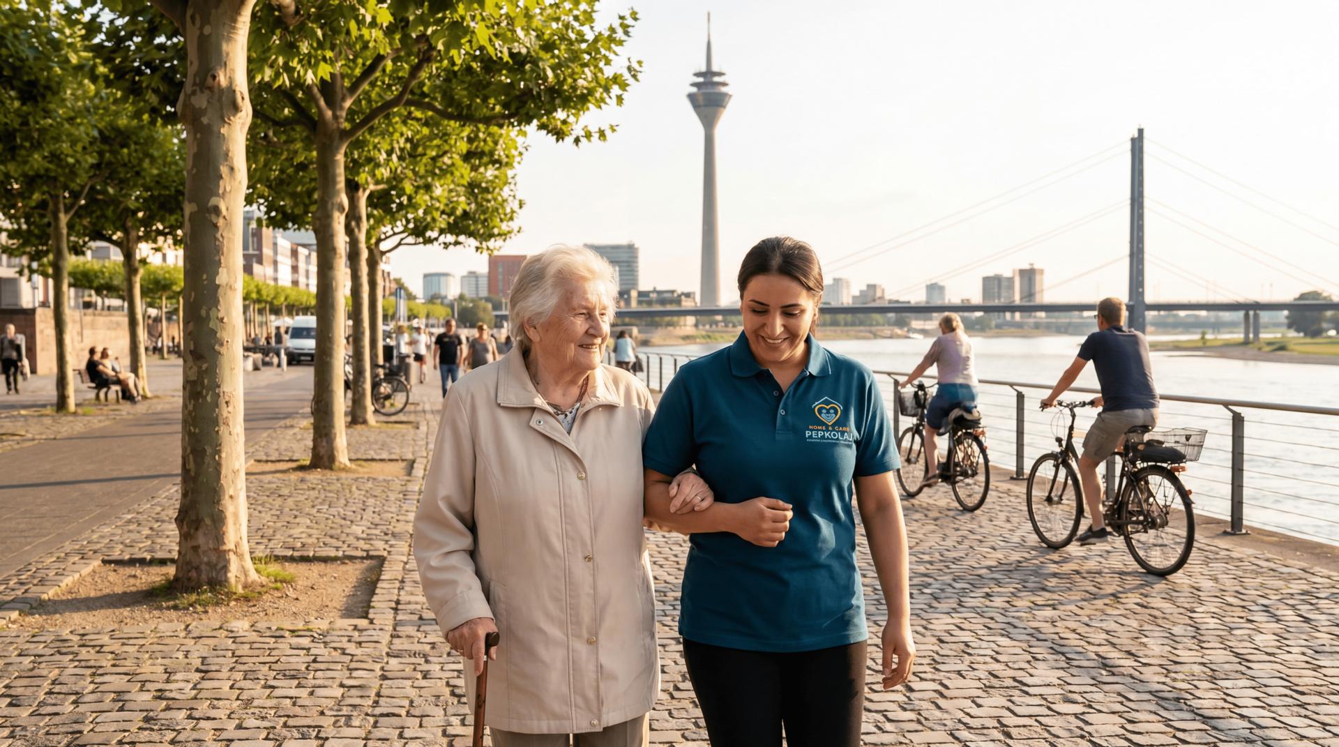 Foto: Betreuungskraft und Senior beim Spaziergang – Rheinufer Düsseldorf