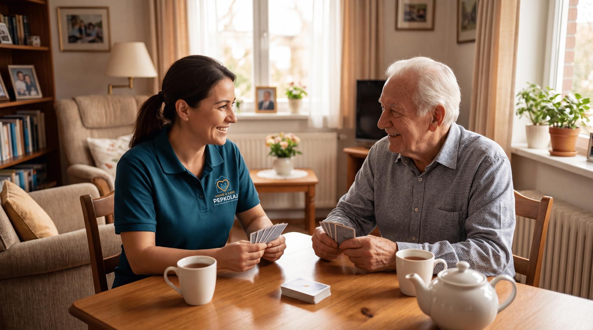 Betreuungskraft und Seniorin beim Kartenspiel – Alltagsbegleitung & Seniorenbetreuung Düsseldorf