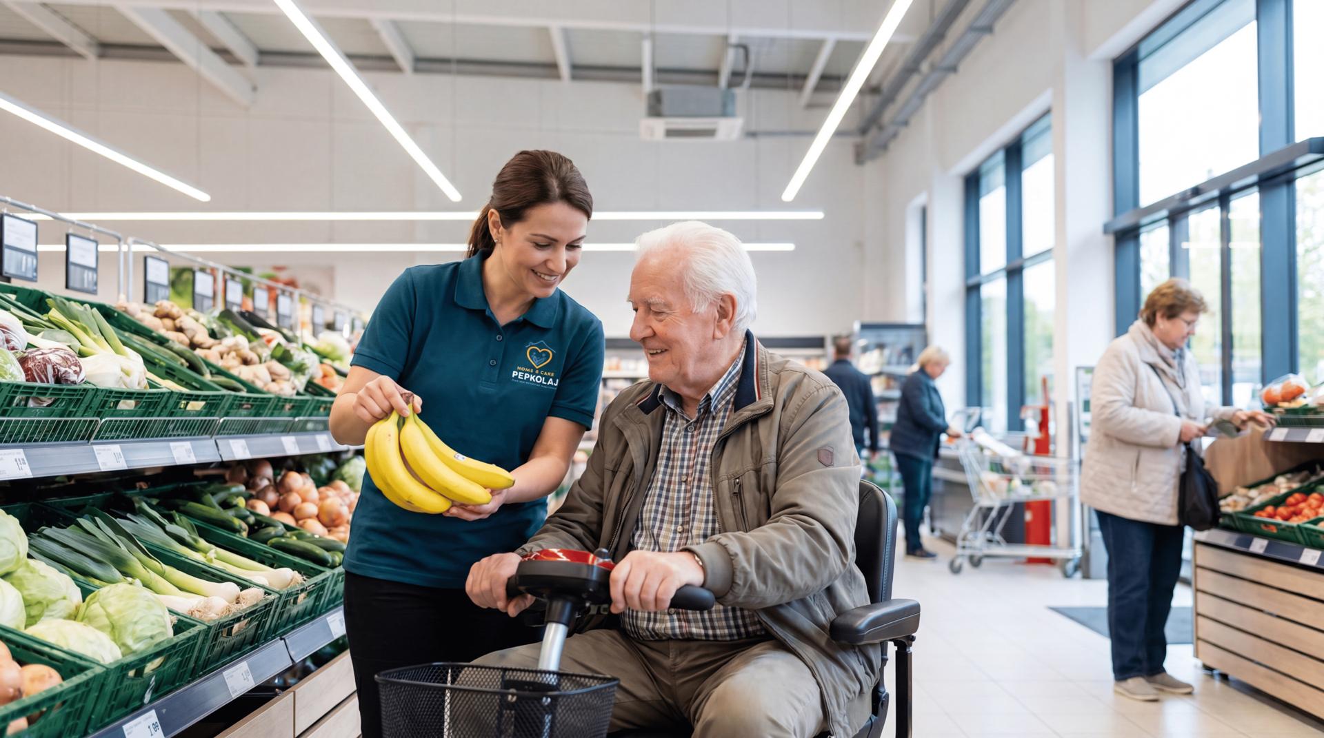 Foto: Betreuungskraft beim Einkaufen mit Senioren im Supermarkt Düsseldorf