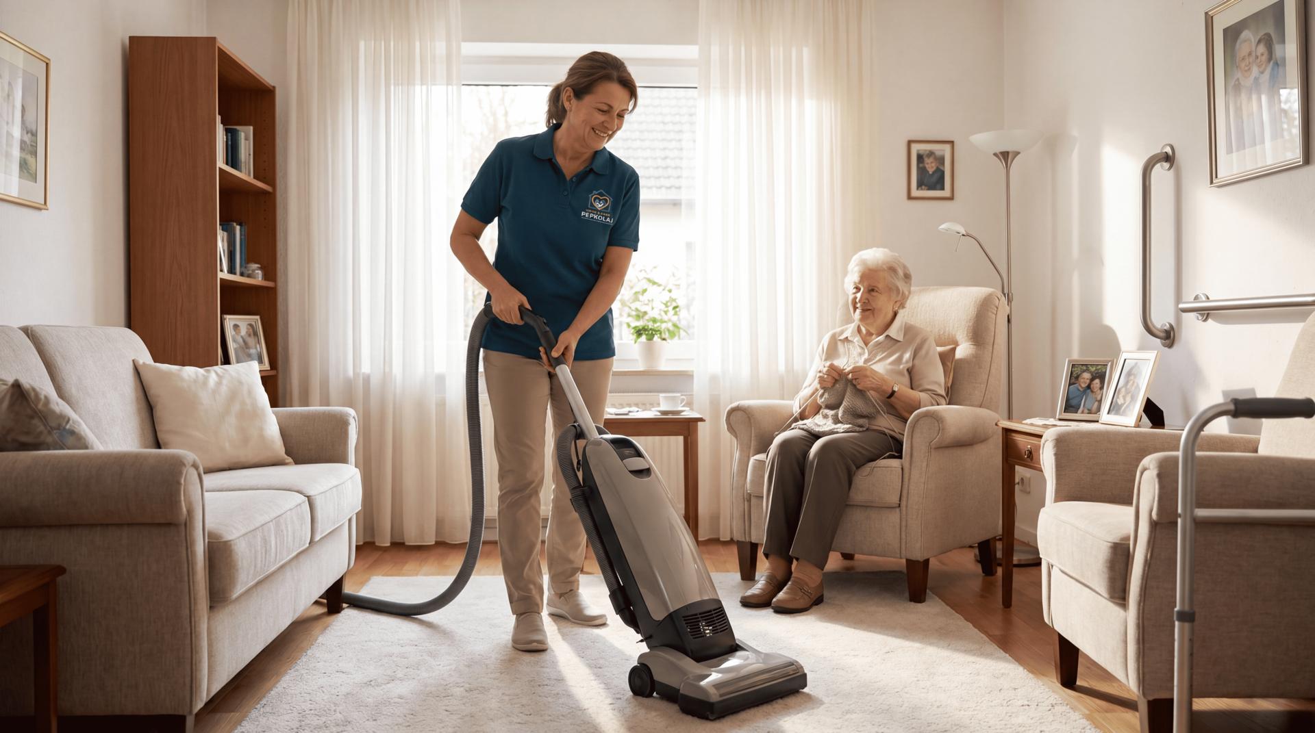 Foto: Betreuungskraft beim Saugen/Putzen im Wohnzimmer eines Seniors