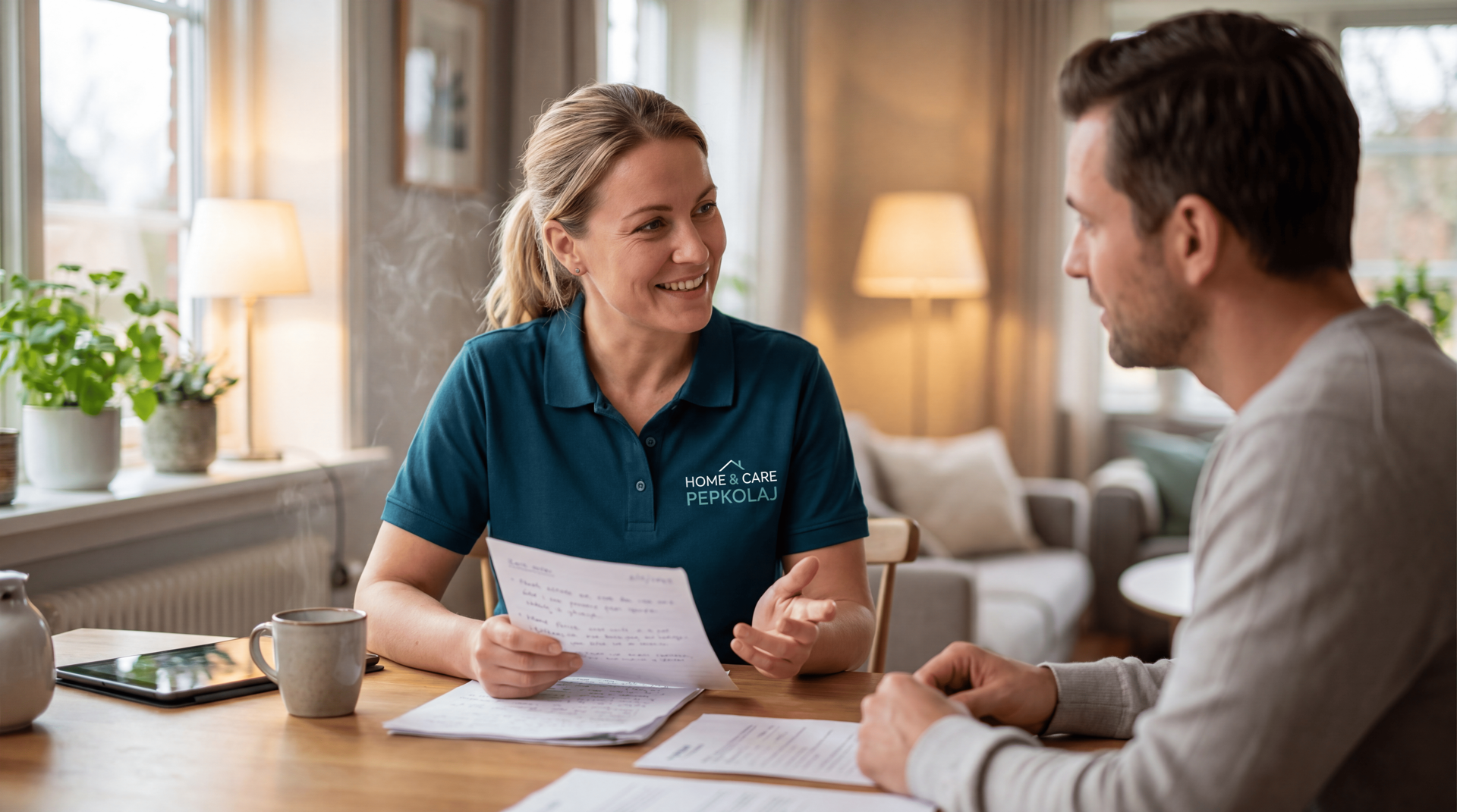 Foto: Betreuungskraft mit Pflegekassen-Unterlagen – entspannte Atmosphäre