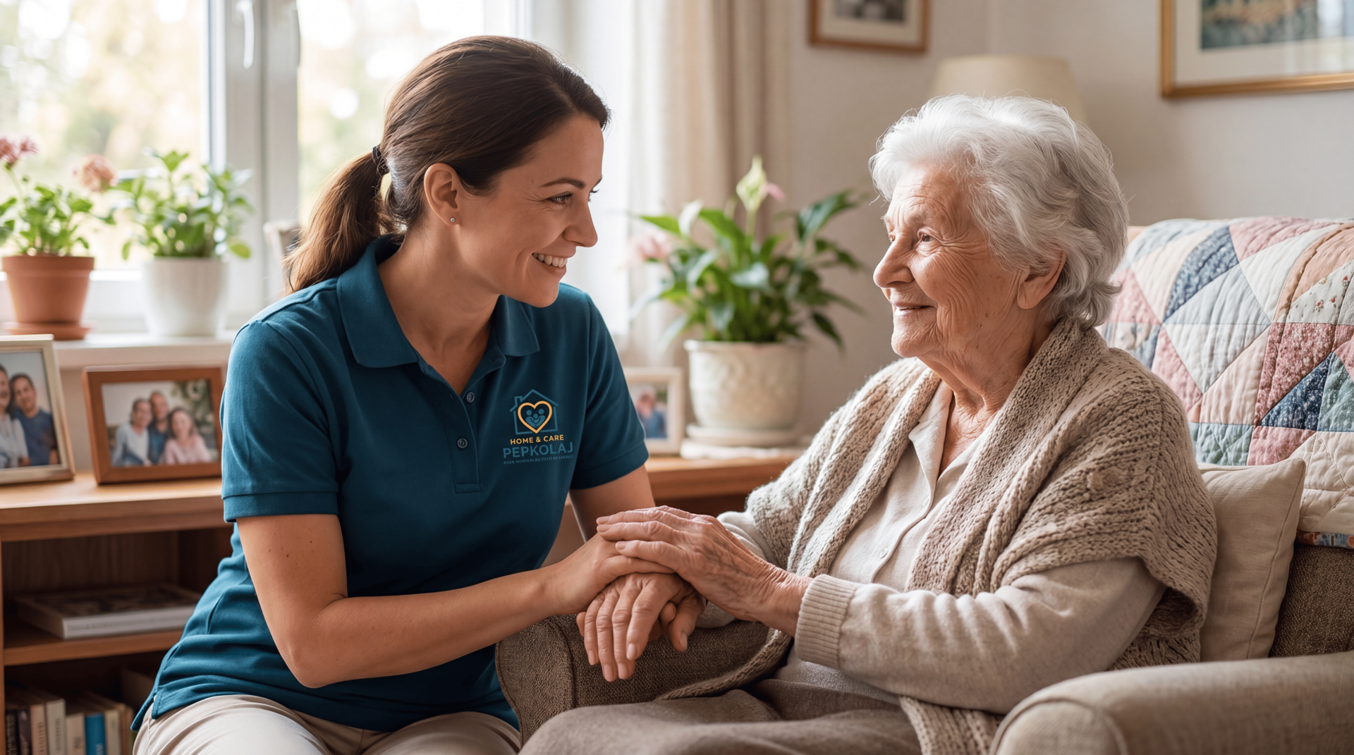 Foto: Betreuungskraft hält Hand einer älteren Dame – warm und vertrauensvoll