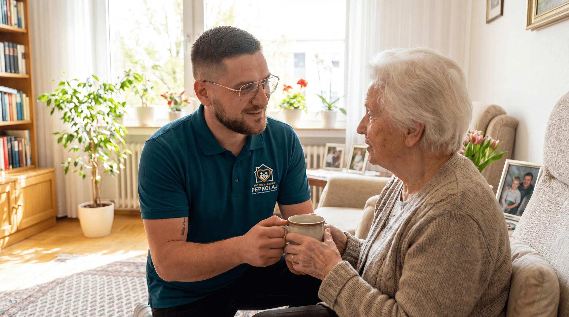 Klisard Pepkolaj im Gespräch mit Seniorin – Haushaltshilfe Düsseldorf ab Pflegegrad 1