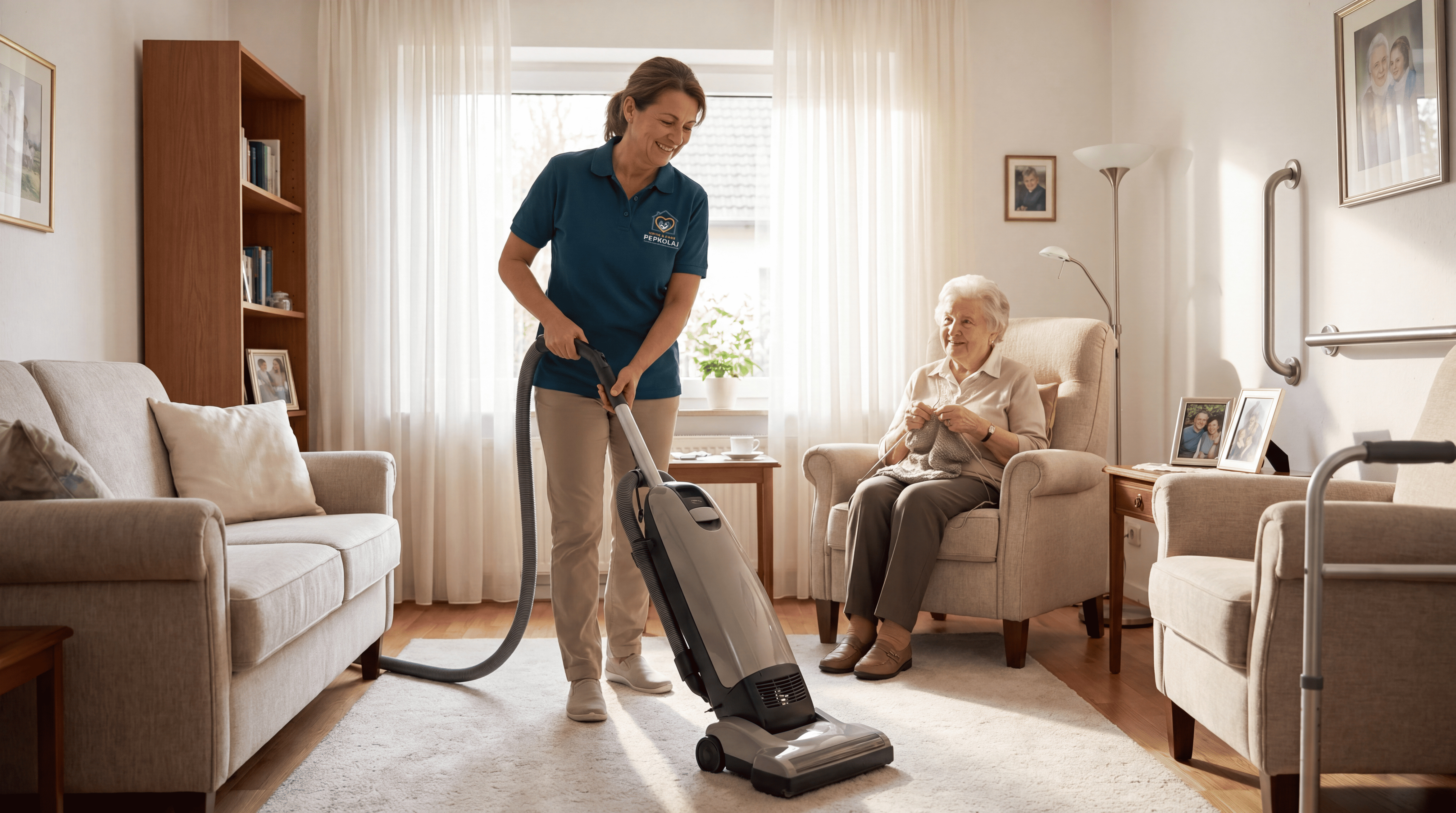 Foto: Betreuungskraft beim Saugen/Putzen im Wohnzimmer eines Seniors